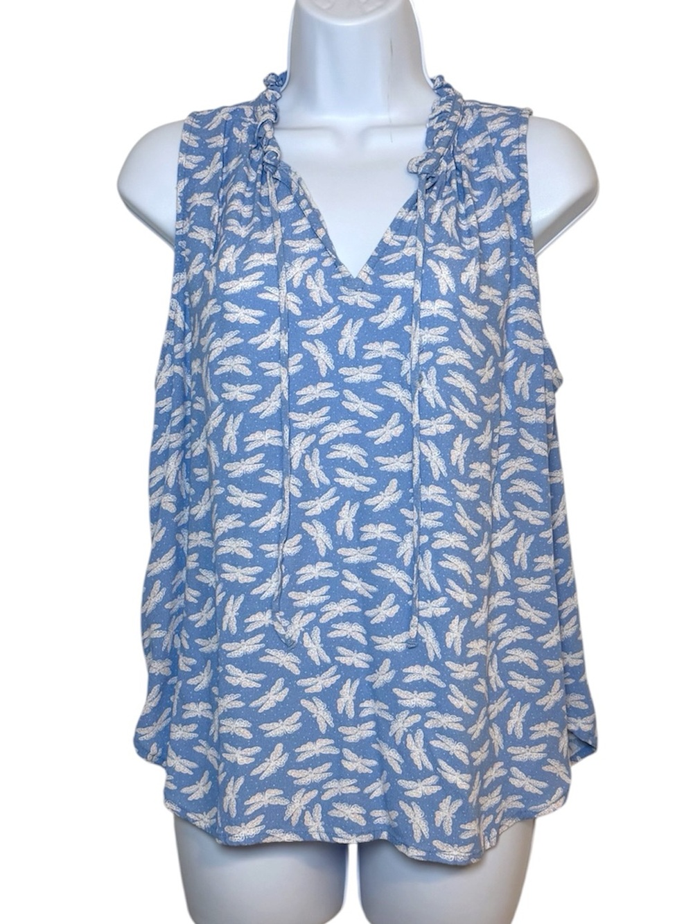 LOFT Blue Dragonfly Print Sleeveless Blouse Tank Top Ruffle Neck Tie Front
